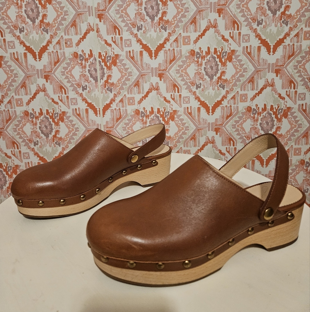 J. Crew Leather Wooden Clogs, Size 7